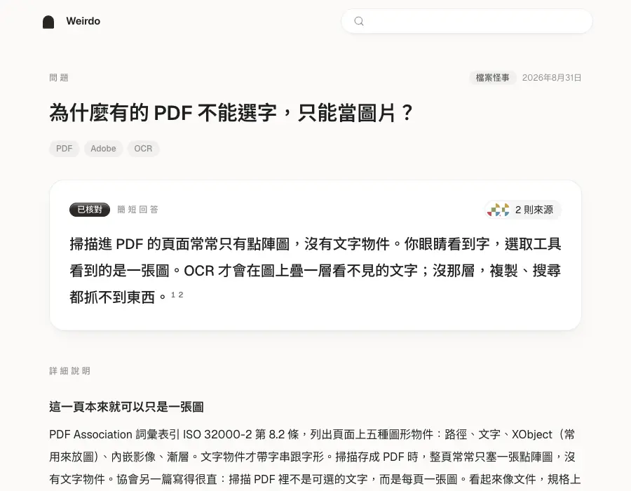 Weirdo 上一則已核對的問題,簡短回答上方掛著來源數